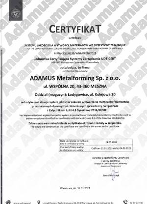 ADAMUS-UDT-certyfikat systemu jakości: Nr/No.CSJ/0139/WNM/PED/2023
