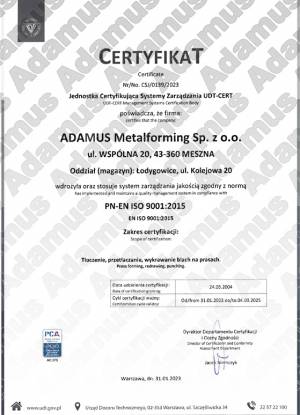 ADAMUS-UDT-certyfikat systemu zarządzania ISO:Nr/No.CSJ/0139/2023