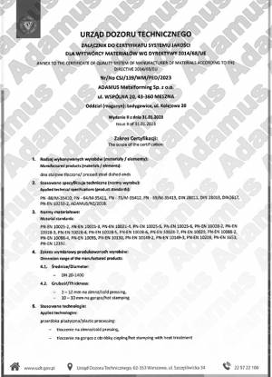 ADAMUS-UDT-certyfikat systemu jakości: Nr/No.CSJ/0139/WNM/PED/2023 - załącznik str. 1